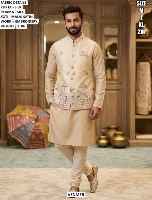 Traditional Silk Kurta Pyjama And Koti Set For Men