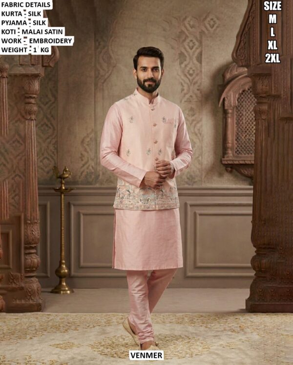 Traditional Silk Kurta Pyjama And Koti Set For Men