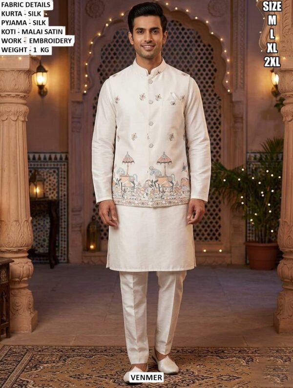 Traditional Silk Kurta Pyjama And Koti Set For Men