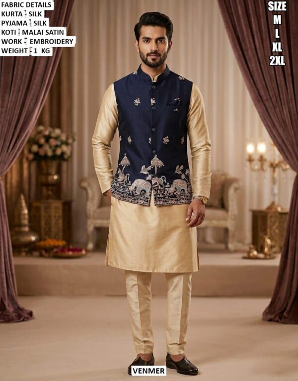 Traditional Silk Kurta Pyjama And Koti Set For Men