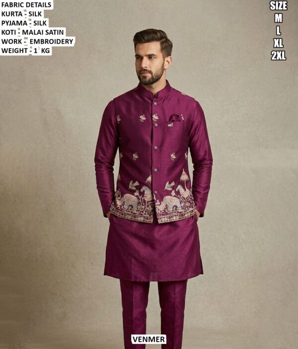 Traditional Silk Kurta Pyjama And Koti Set For Men