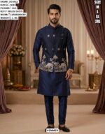 Traditional Silk Kurta Pyjama And Koti Set For Men