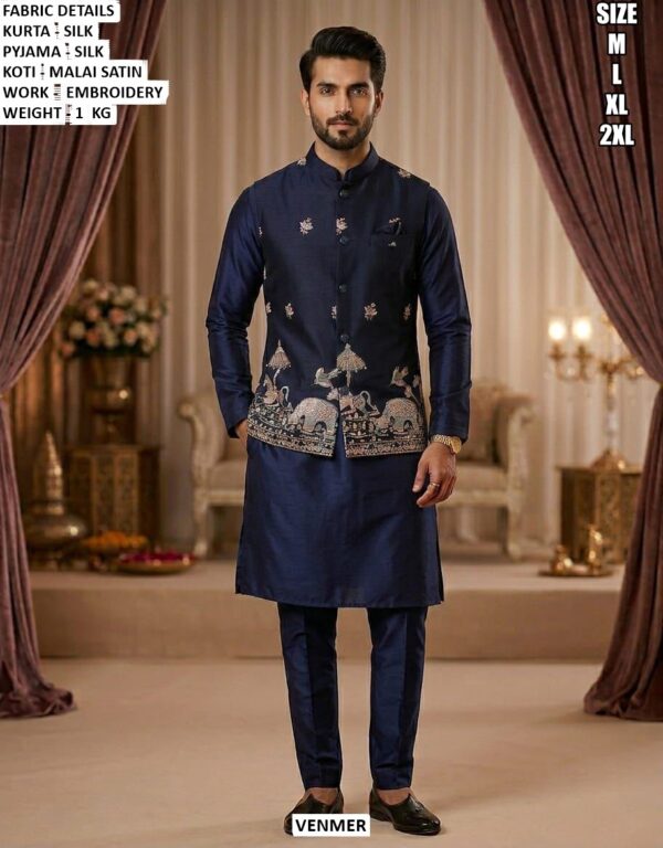 Traditional Silk Kurta Pyjama And Koti Set For Men