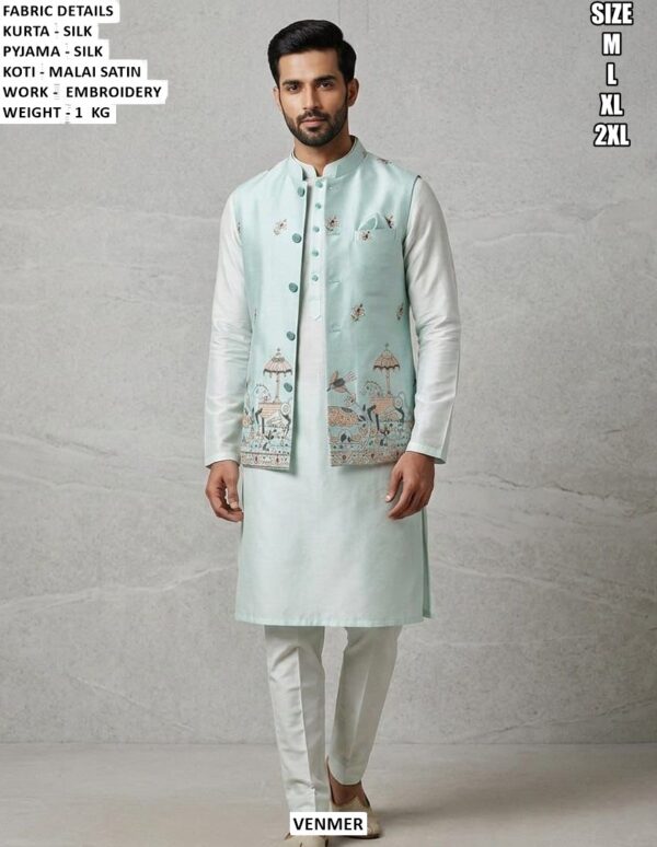 Traditional Silk Kurta Pyjama And Koti Set For Men