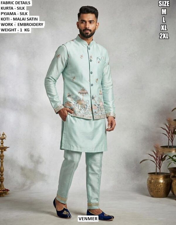 Traditional Silk Kurta Pyjama And Koti Set For Men
