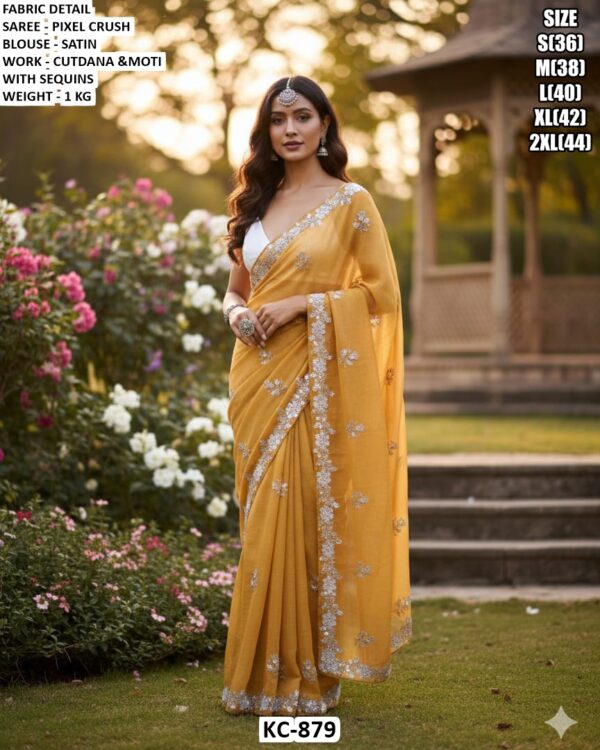 Pixel Crush Saree With Satin Blouse And Cutdana Moti Sequins Work