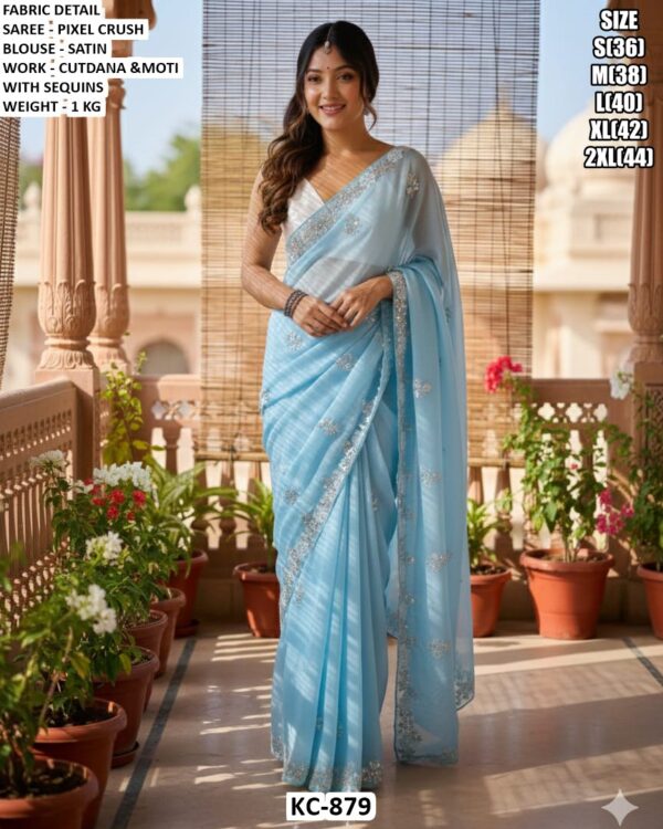 Pixel Crush Saree With Satin Blouse And Cutdana Moti Sequins Work
