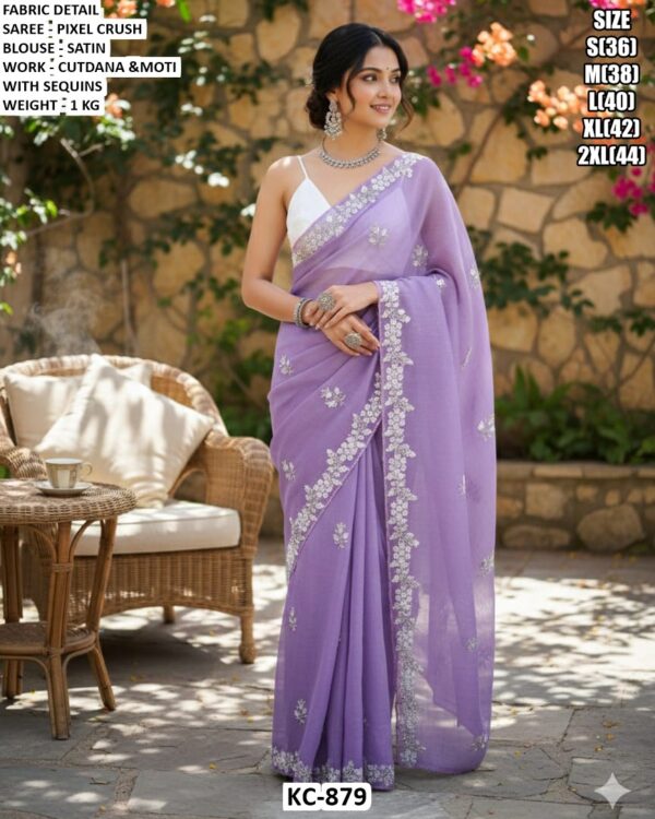 Pixel Crush Saree With Satin Blouse And Cutdana Moti Sequins Work