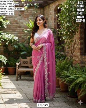 Pixel Crush Saree With Satin Blouse And Cutdana Moti Sequins Work