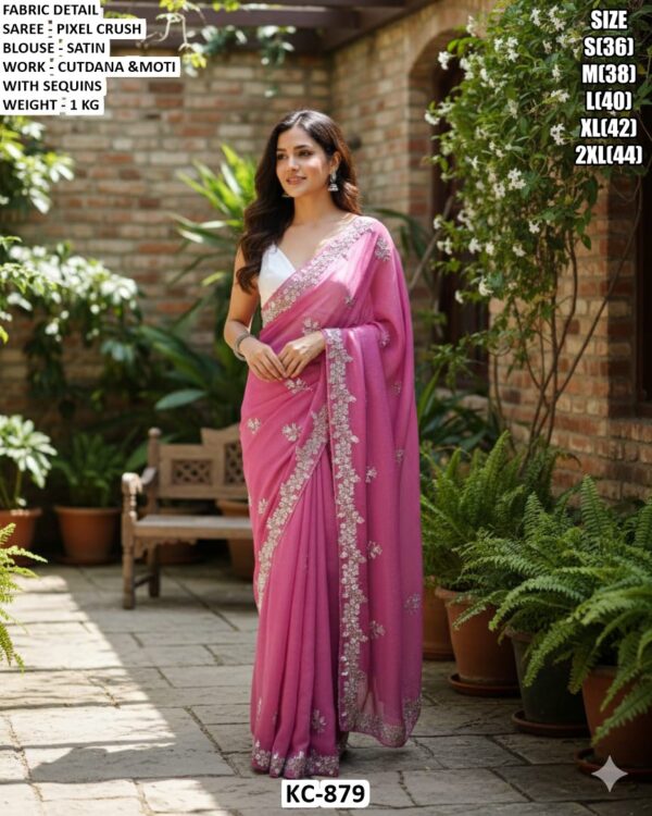 Pixel Crush Saree With Satin Blouse And Cutdana Moti Sequins Work