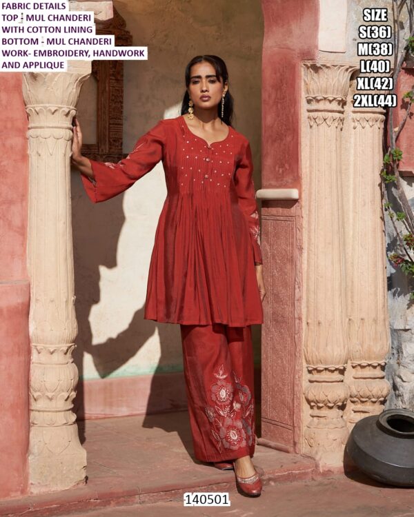 Mul Chanderi Top Bottom Set With Embroidery Handwork