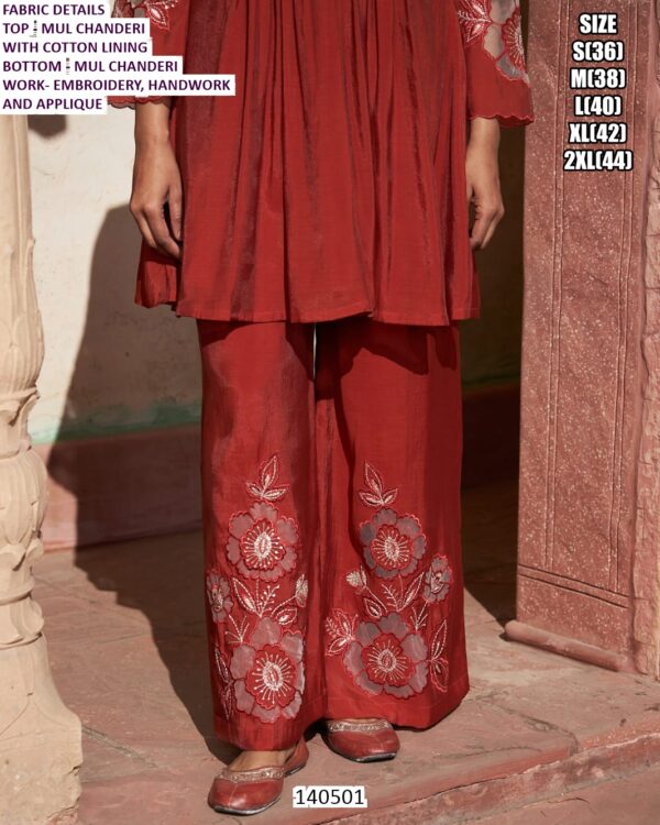 Mul Chanderi Top Bottom Set With Embroidery Handwork