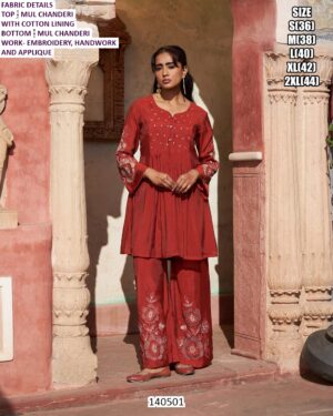 Mul Chanderi Top Bottom Set With Embroidery Handwork