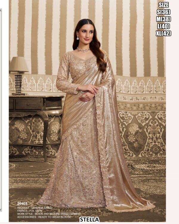 Foil Satin Lehenga Saree With Beads And Sequins Highlighted With Aari Work
