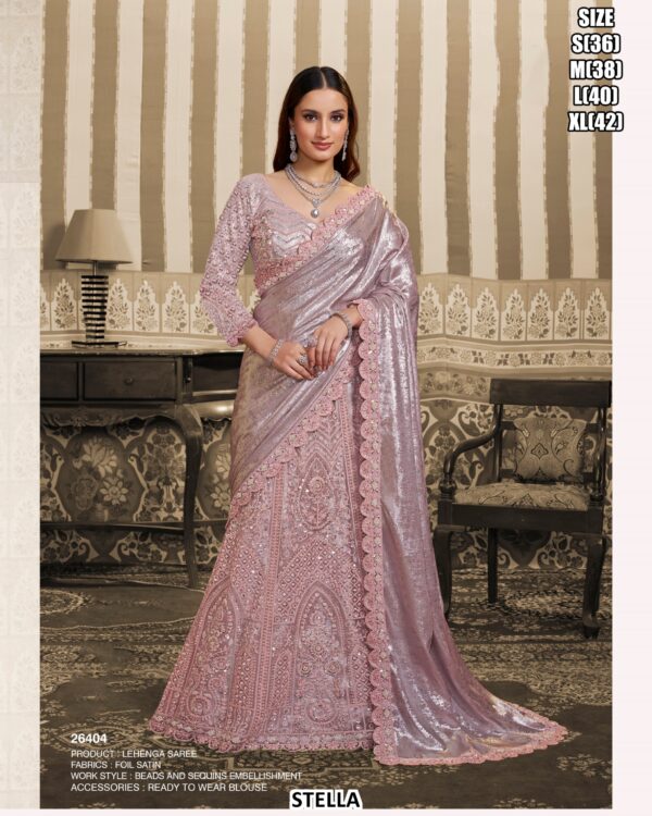 Foil Satin Lehenga Saree With Beads And Sequins Highlighted With Aari Work
