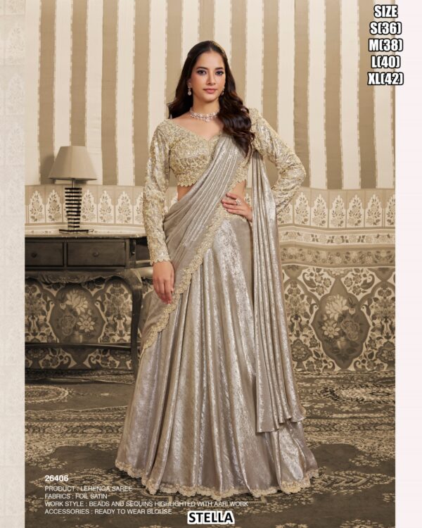 Foil Satin Lehenga Saree With Beads And Sequins Highlighted With Aari Work