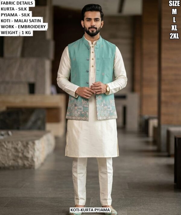 Silk Kurta Pyjama With Embroidered Malai Satin Koti