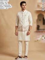 Silk Kurta Pyjama With Embroidered Malai Satin Koti