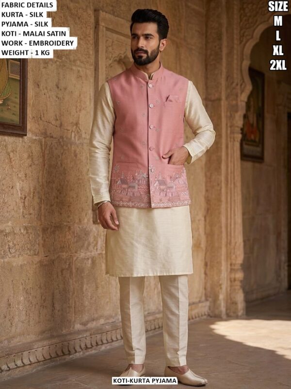 Silk Kurta Pyjama With Embroidered Malai Satin Koti