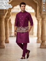 Silk Kurta Pyjama With Embroidered Malai Satin Koti