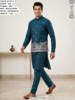 Silk Kurta Pyjama With Embroidered Malai Satin Koti