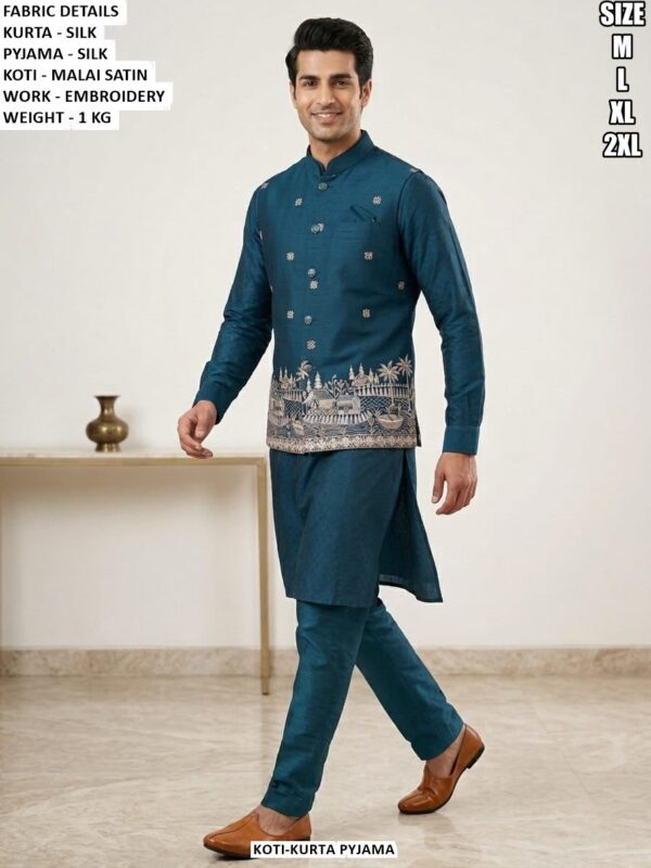 Silk Kurta Pyjama With Embroidered Malai Satin Koti