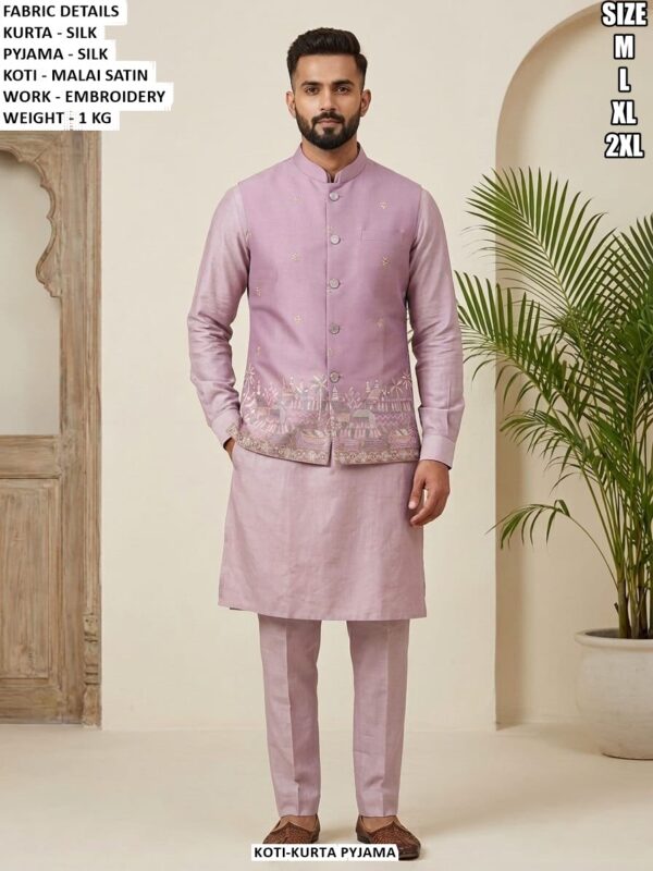 Silk Kurta Pyjama With Embroidered Malai Satin Koti