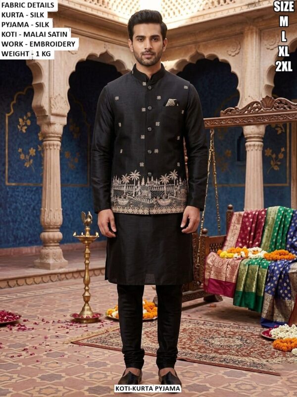 Silk Kurta Pyjama With Embroidered Malai Satin Koti