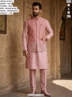 Silk Kurta Pyjama With Embroidered Malai Satin Koti