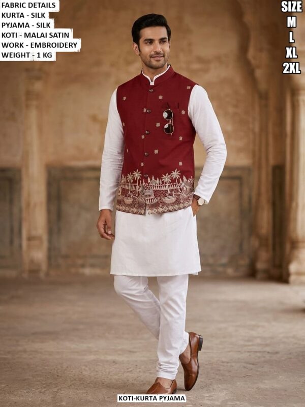 Silk Kurta Pyjama With Embroidered Malai Satin Koti