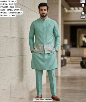 Silk Kurta Pyjama With Embroidered Malai Satin Koti