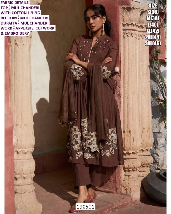 Mul Chanderi Suit Set With Applique Cutwork And Embroidery