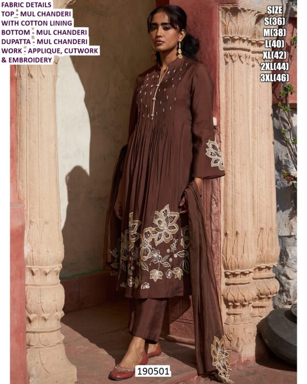 Mul Chanderi Suit Set With Applique Cutwork And Embroidery