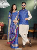 Designer Jacquard Silk Saree And Men Koti Set