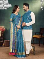 Designer Jacquard Silk Saree And Men Koti Set