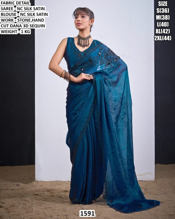 Nc Silk Satin Stone Work Saree With Blouse
