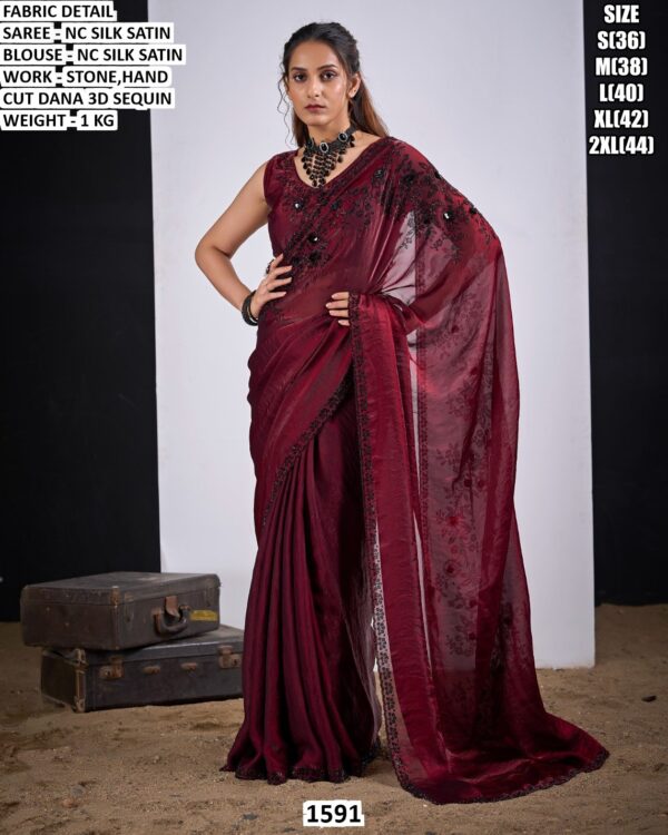 Nc Silk Satin Stone Work Saree With Blouse
