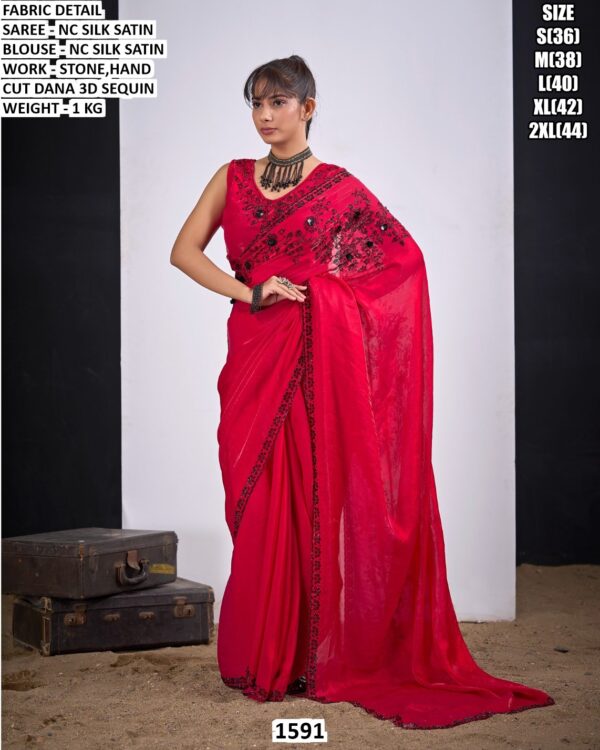 Nc Silk Satin Stone Work Saree With Blouse