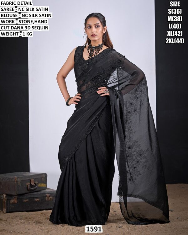 Nc Silk Satin Stone Work Saree With Blouse