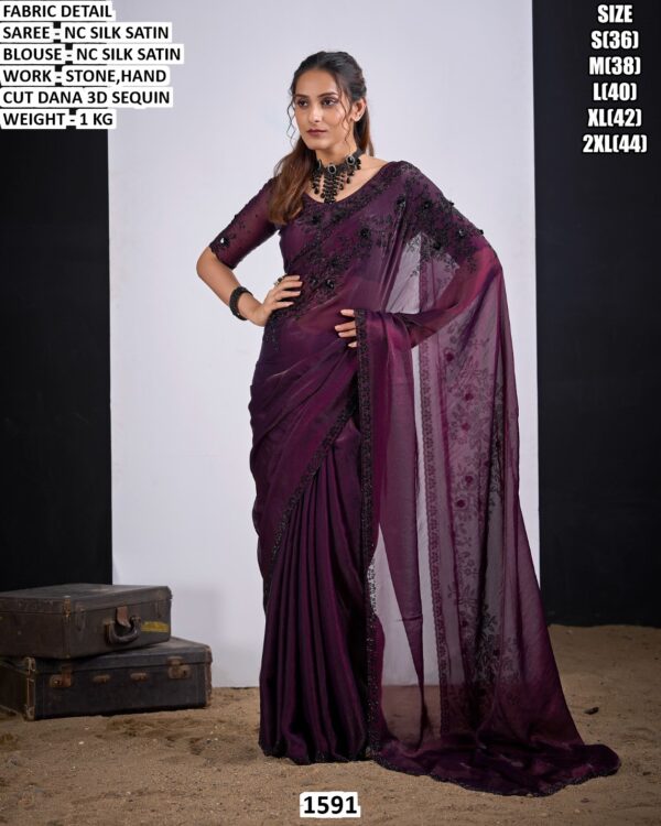 Nc Silk Satin Stone Work Saree With Blouse