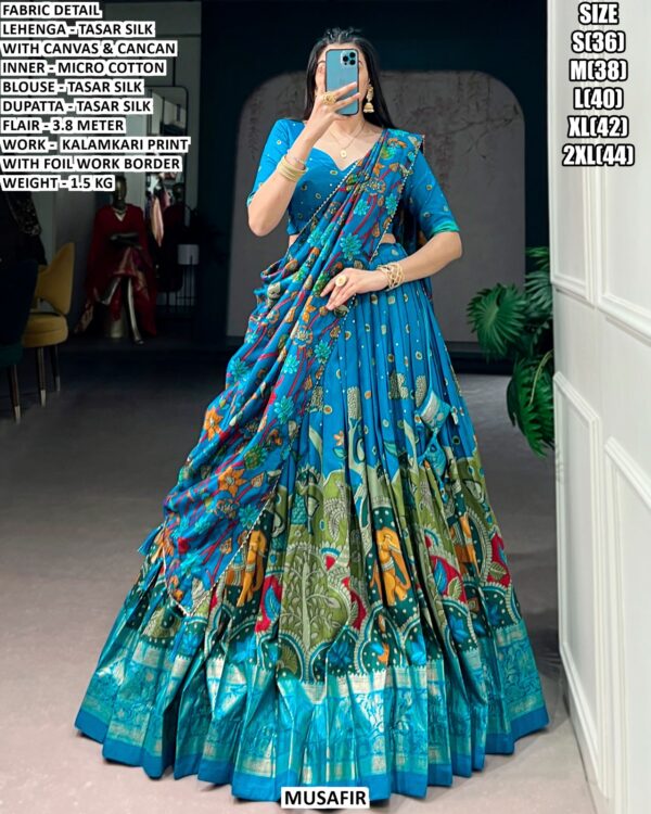 Purchase This Kalamkari Printed Tussar Silk Lehenga Choli For Festivals