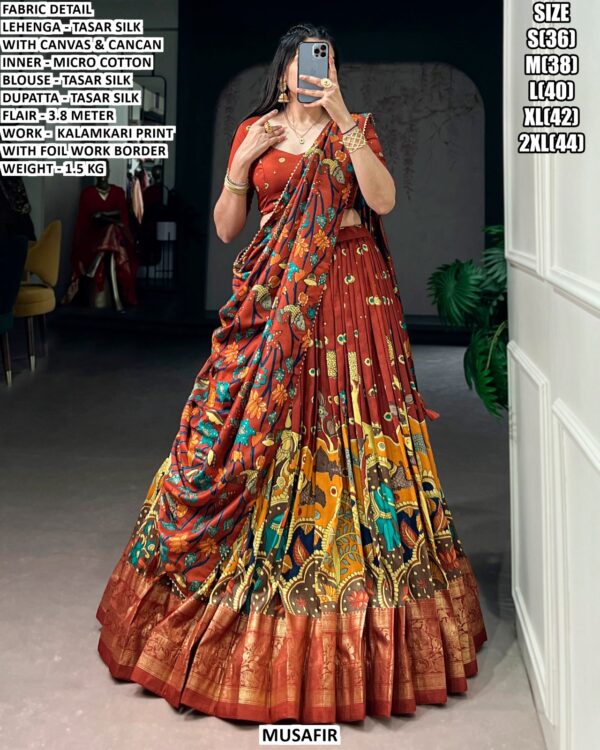 Purchase This Kalamkari Printed Tussar Silk Lehenga Choli For Festivals
