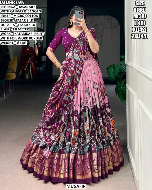 Purchase This Kalamkari Printed Tussar Silk Lehenga Choli For Festivals