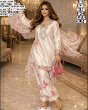 Festive Wear French Crepe Top Bottom Set With Embroidery