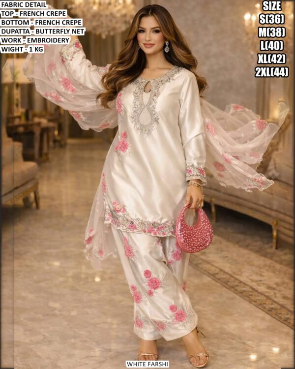 Festive Wear French Crepe Top Bottom Set With Embroidery