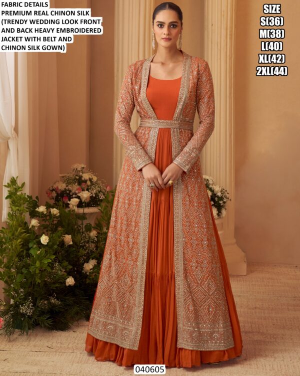 Wedding Wear Chinon Silk Gown With Belt