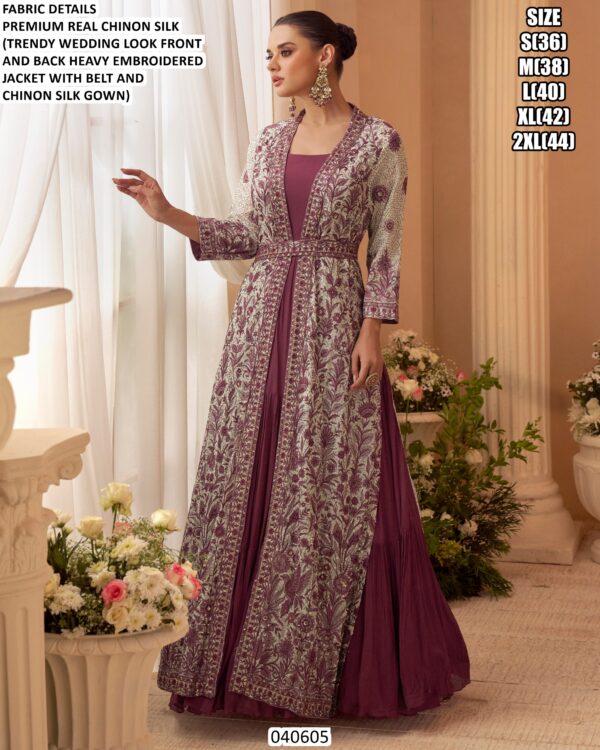Wedding Wear Chinon Silk Gown With Belt