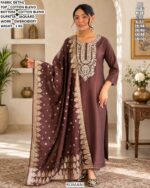Cotton Blend Embroidered Suit Set With Jacquard Dupatta