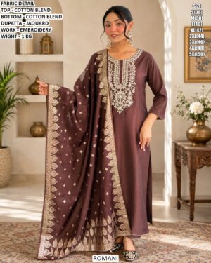 Cotton Blend Embroidered Suit Set With Jacquard Dupatta