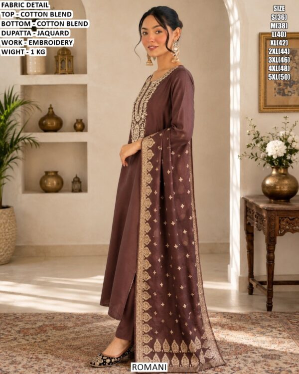 Cotton Blend Embroidered Suit Set With Jacquard Dupatta
